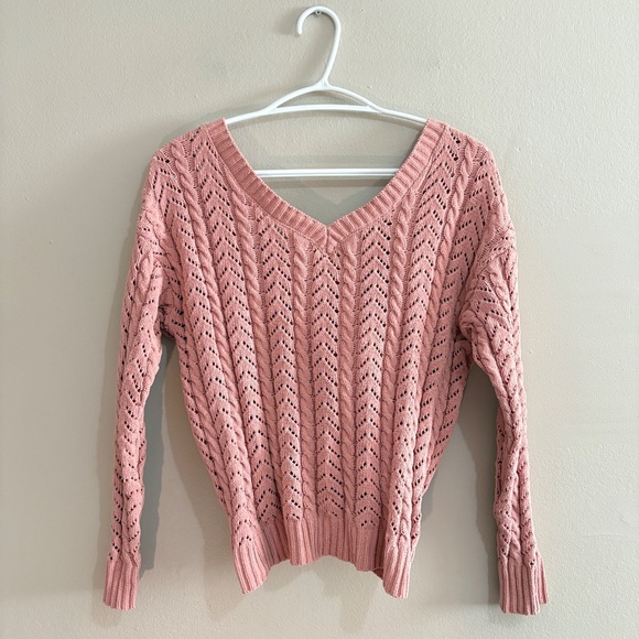 moon & madison Twist Back V-Neck Textured Knit Pink Sweater - Picture 2 of 14